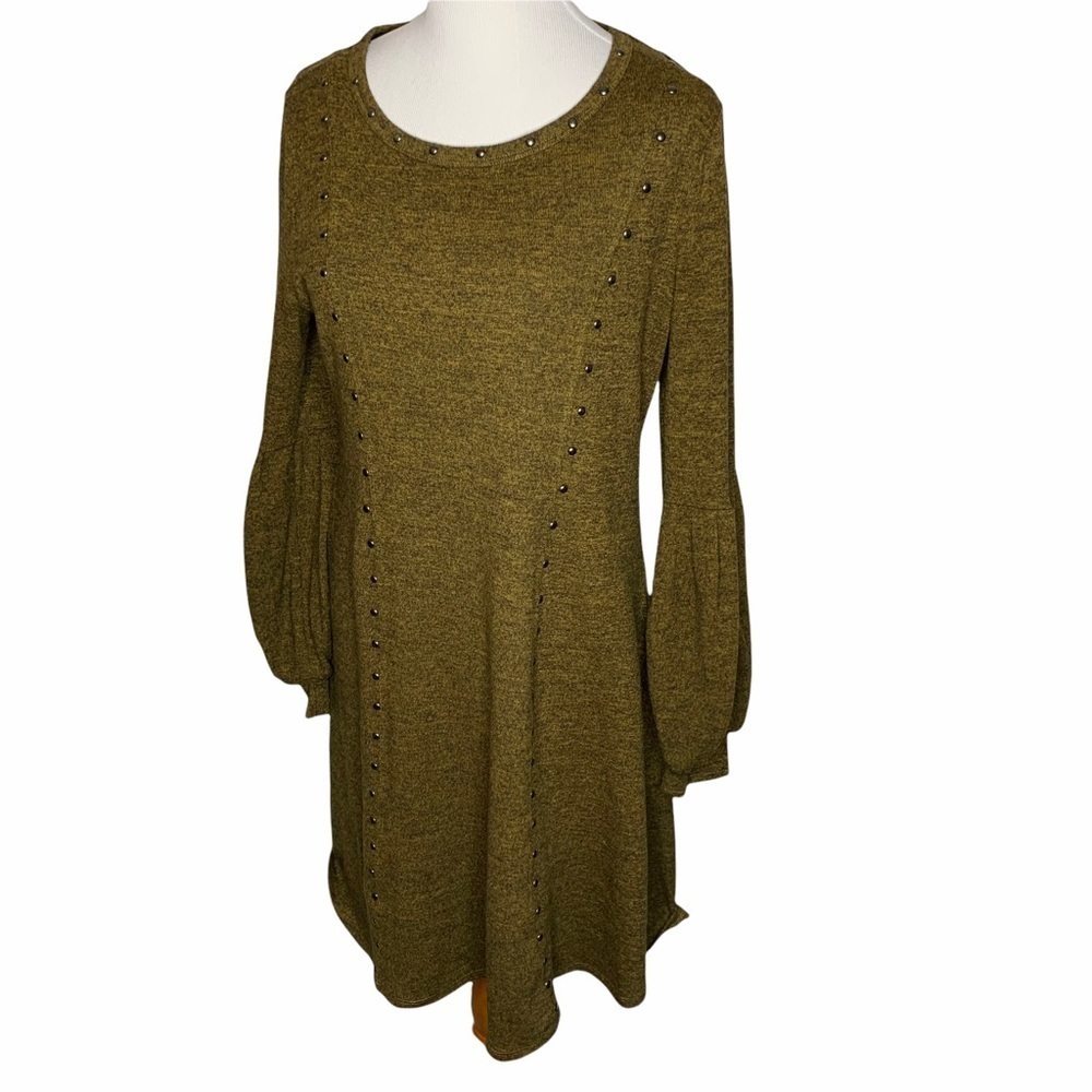 Spense Green Studded Balloon Sleeve Knit Sweater Dress Stretch Pull Over Size M